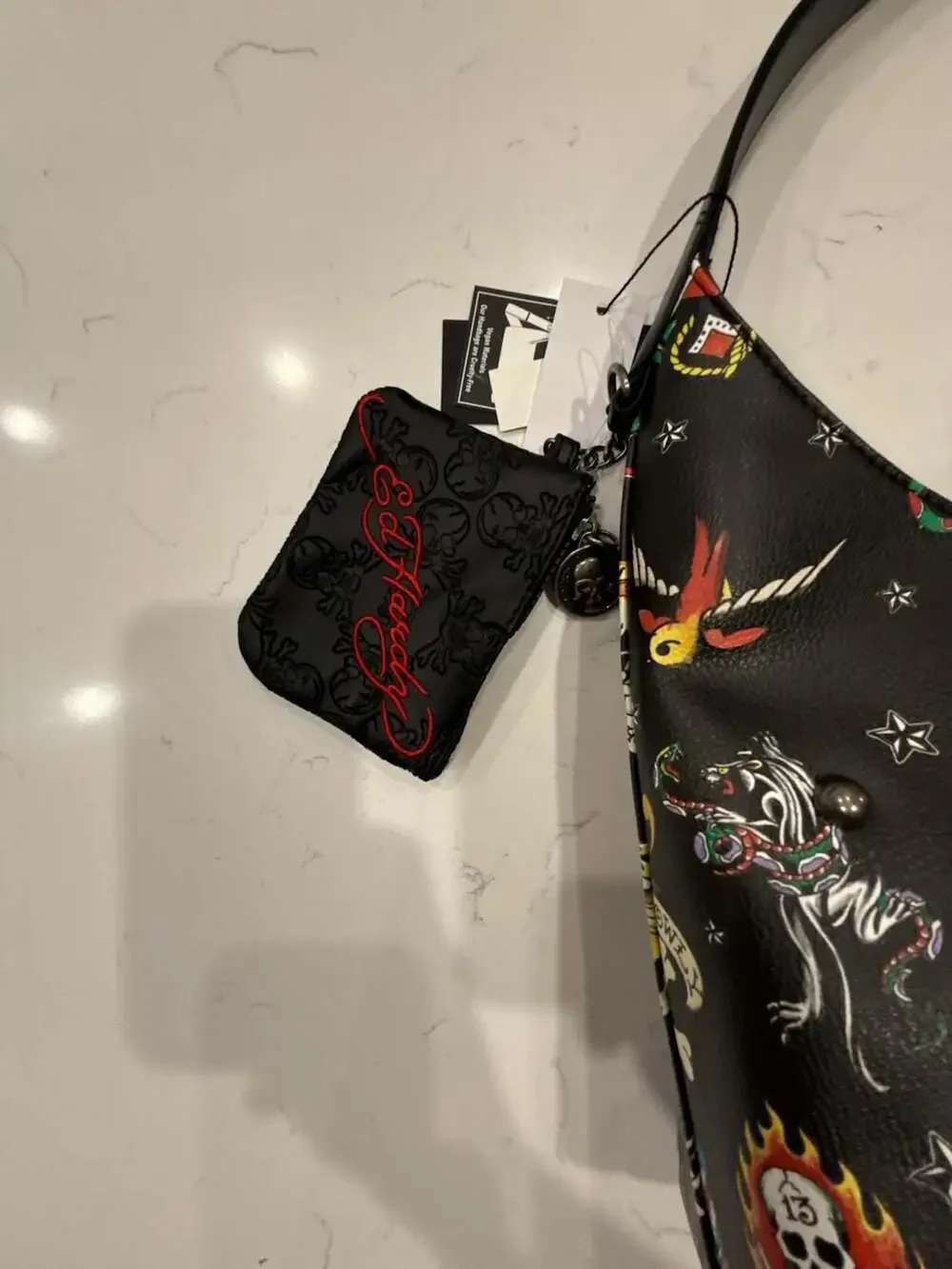 Ed Hardy Dalinda Black Studded Graphic Hobo Shoulder Bag with Pouch